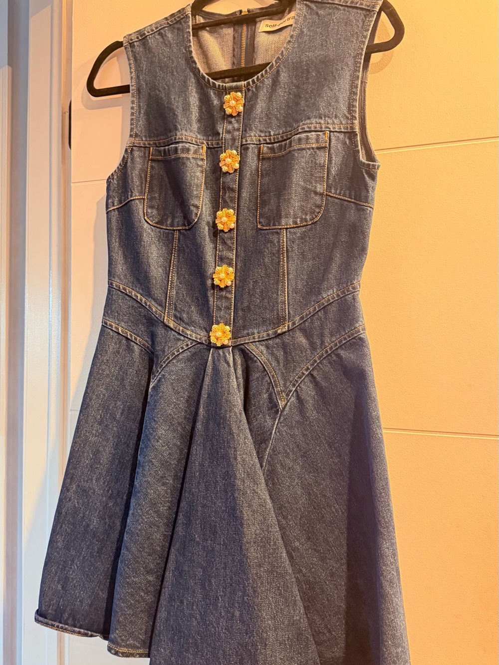 Self-Portrait Navy Denim Sleeveless Fit-and-Flare Mini Dress - Picture 7 of 7